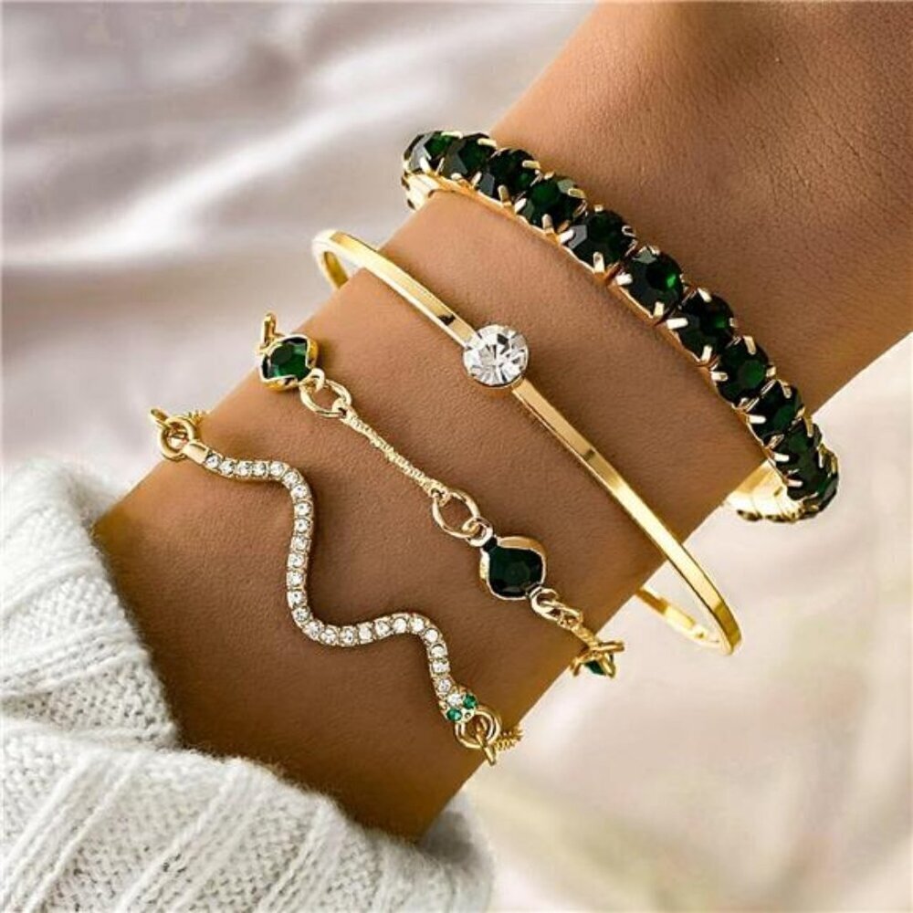 4 Piece Gold Bracelets Set Dainty for Women 14K Plated Link Cubic Zirconia